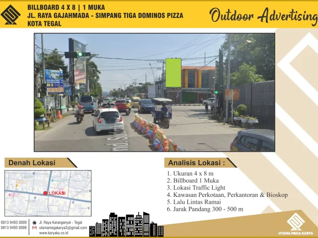 Sewa Titik Billboard di Kota Tegal, Jl. Raya Gajah Mada - Simpang Tiga Dominos Pizza, Kota Tegal