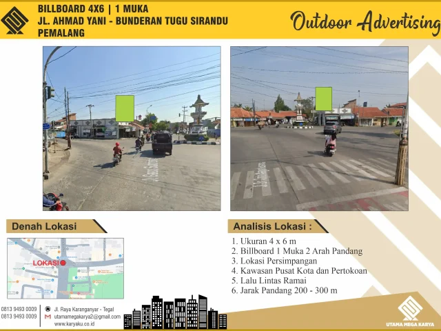 Sewa Titik Billboard di Pemalang, Jl. Ahmad Yani (Bunderan Tugu Sirandu) Kebondalem, Kec. Pemalang, Kabupaten Pemalang