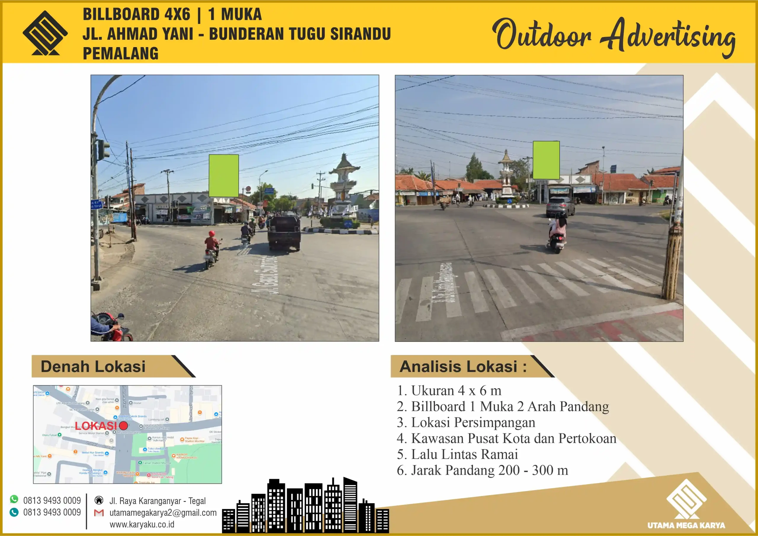 Sewa Titik Billboard di Pemalang, Jl. Ahmad Yani (Bunderan Tugu Sirandu) Kebondalem, Kec. Pemalang, Kabupaten Pemalang