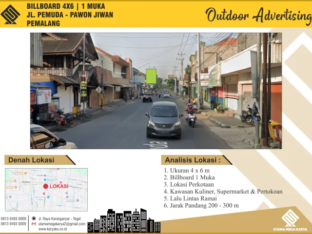 Sewa Titik Billboard di Pemalang, Jl. Pemuda (depan Pawon Jiwan) Mulyoharjo, Kec. Pemalang, Kabupaten Pemalang