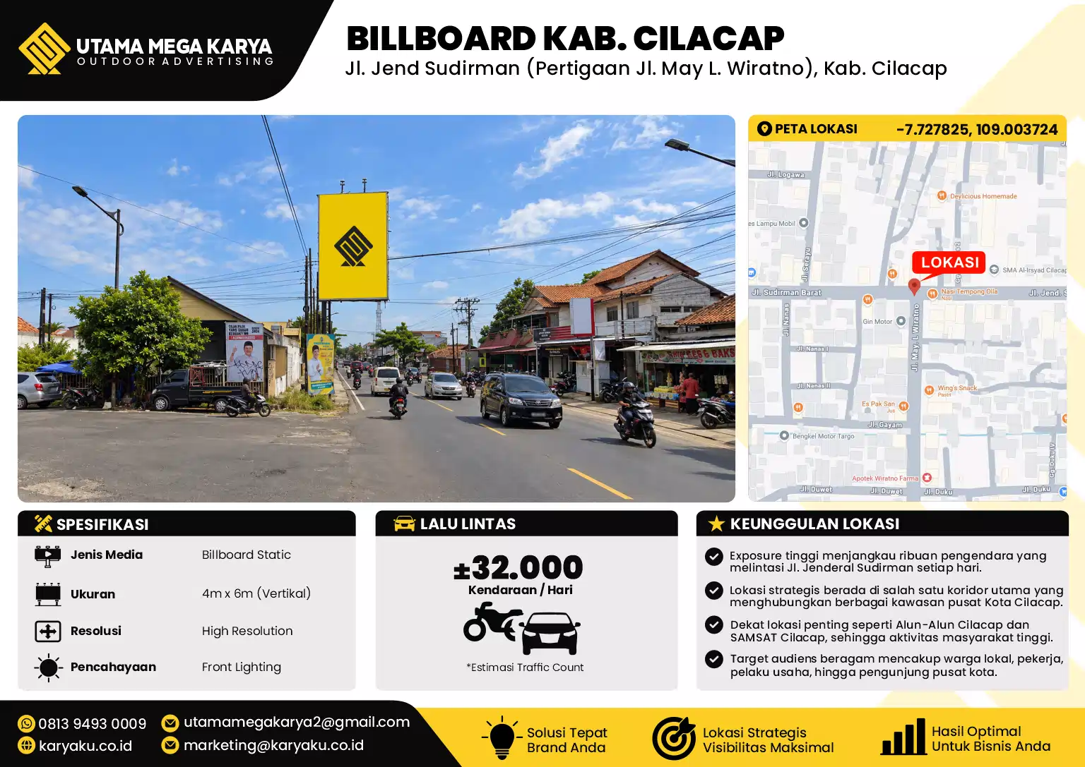 Sewa Titik Baliho dan Billboard di Jl. Jend Sudirman (Pertigaan Jl. May L. Wiratno), Kab. Cilacap