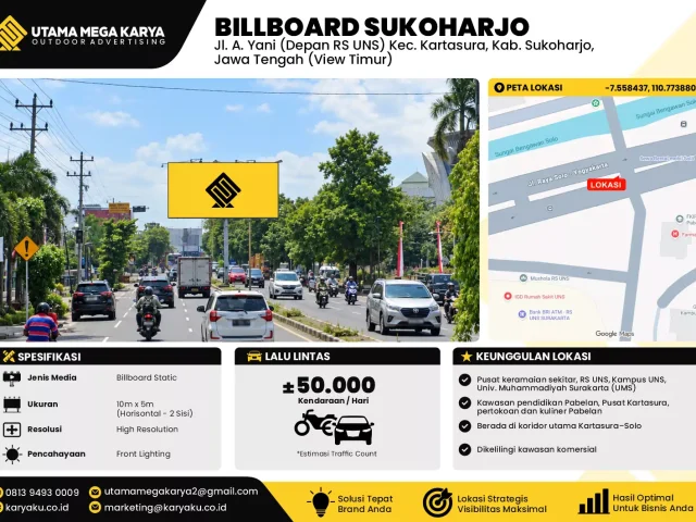 Sewa Titik Baliho dan Billboard di Jl. A. Yani (Depan RS UNS) Kec. Kartasura, Kab. Sukoharjo, Jawa Tengah (View Timur)