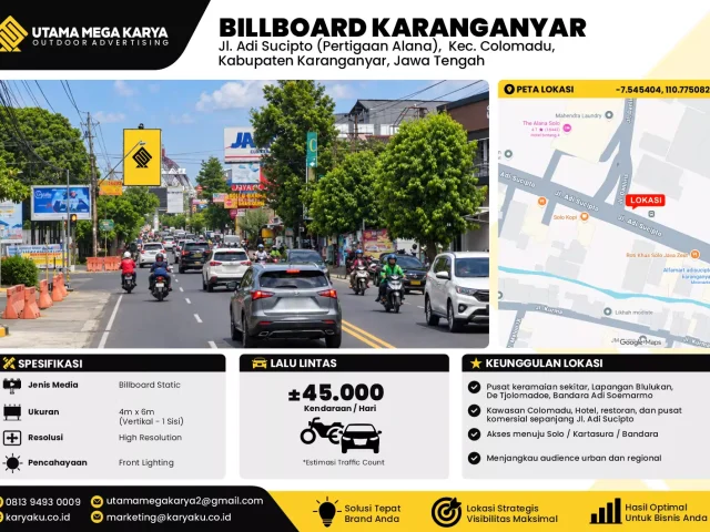 Sewa Titik Baliho dan Billboard di Jl. Adi Sucipto (Pertigaan Alana), Kec. Colomadu, Kabupaten Karanganyar, Jawa Tengah