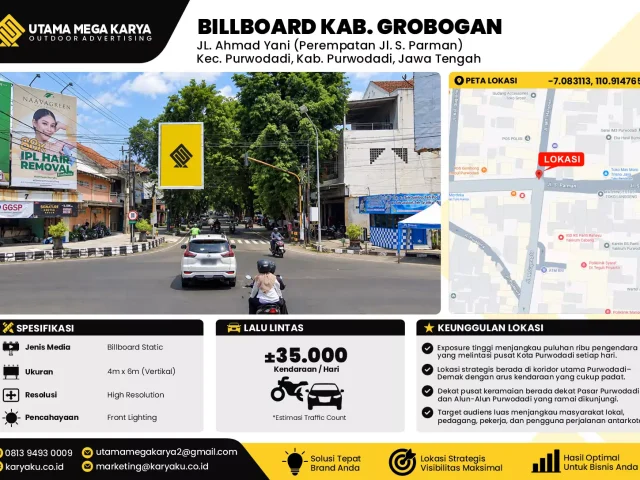 Sewa Titik Billboard di JL. Ahmad Yani (Perempatan Jl. S. Parman) Kec. Purwodadi, Kab. Purwodadi, Jawa Tengah, Grobogan