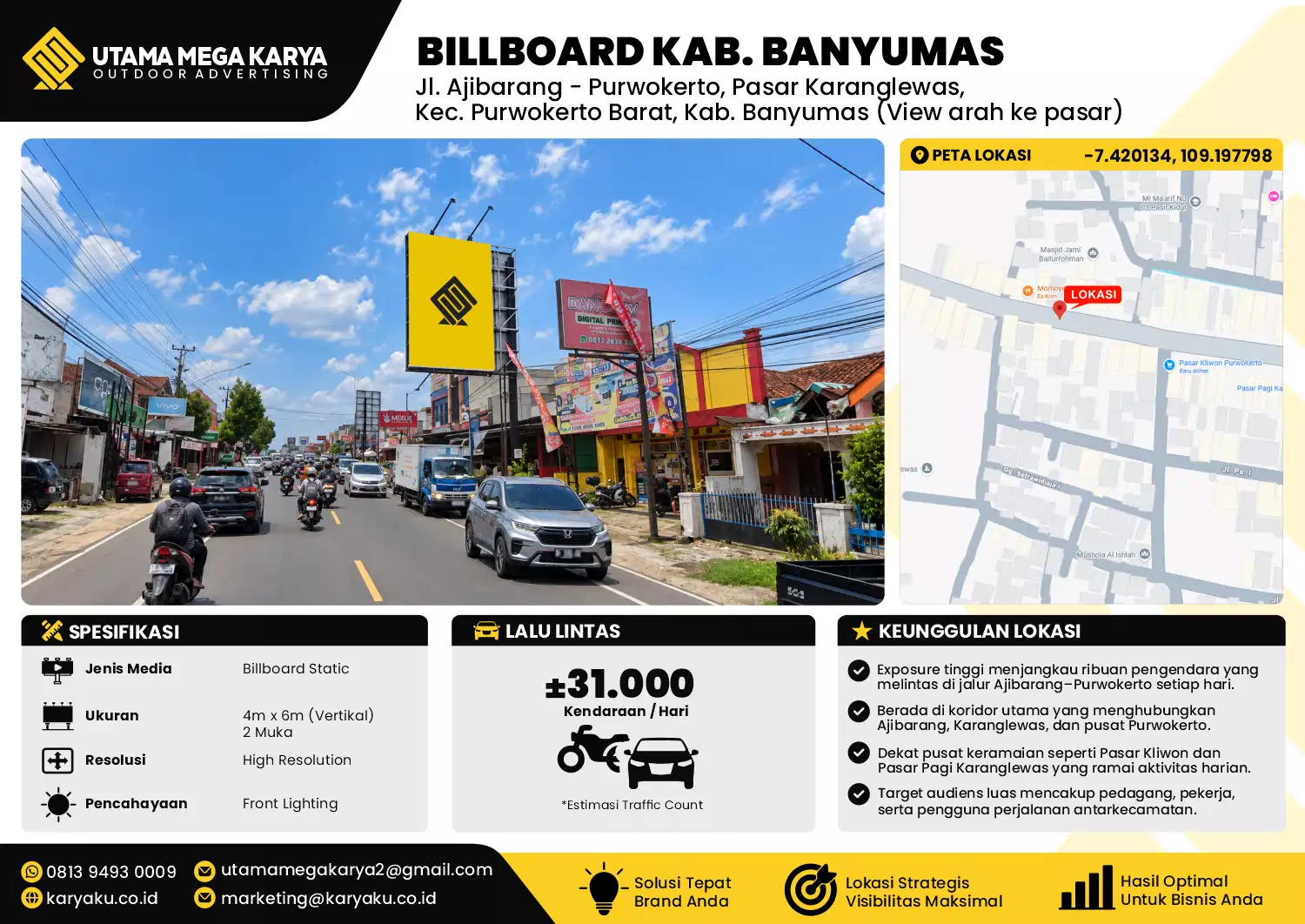 Sewa Titik Billboard di Jalan Ajibarang Purwokerto (pasar karanglewas) view arah ke pasar Kec Purwokerto Barat Kab Banyumas