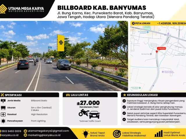 Sewa Titik Billboard di Jalan Bung Karno Kec Purwokerto Barat Kab Banyumas Jawa Tengah (hadap utara Menara pandang teratai)