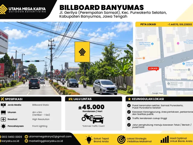 Sewa Titik Baliho dan Billboard di Jl. Gerilya (Perempatan Samsat) Kec. Purwokerto Selatan, Kabupaten Banyumas, Jawa Tengah