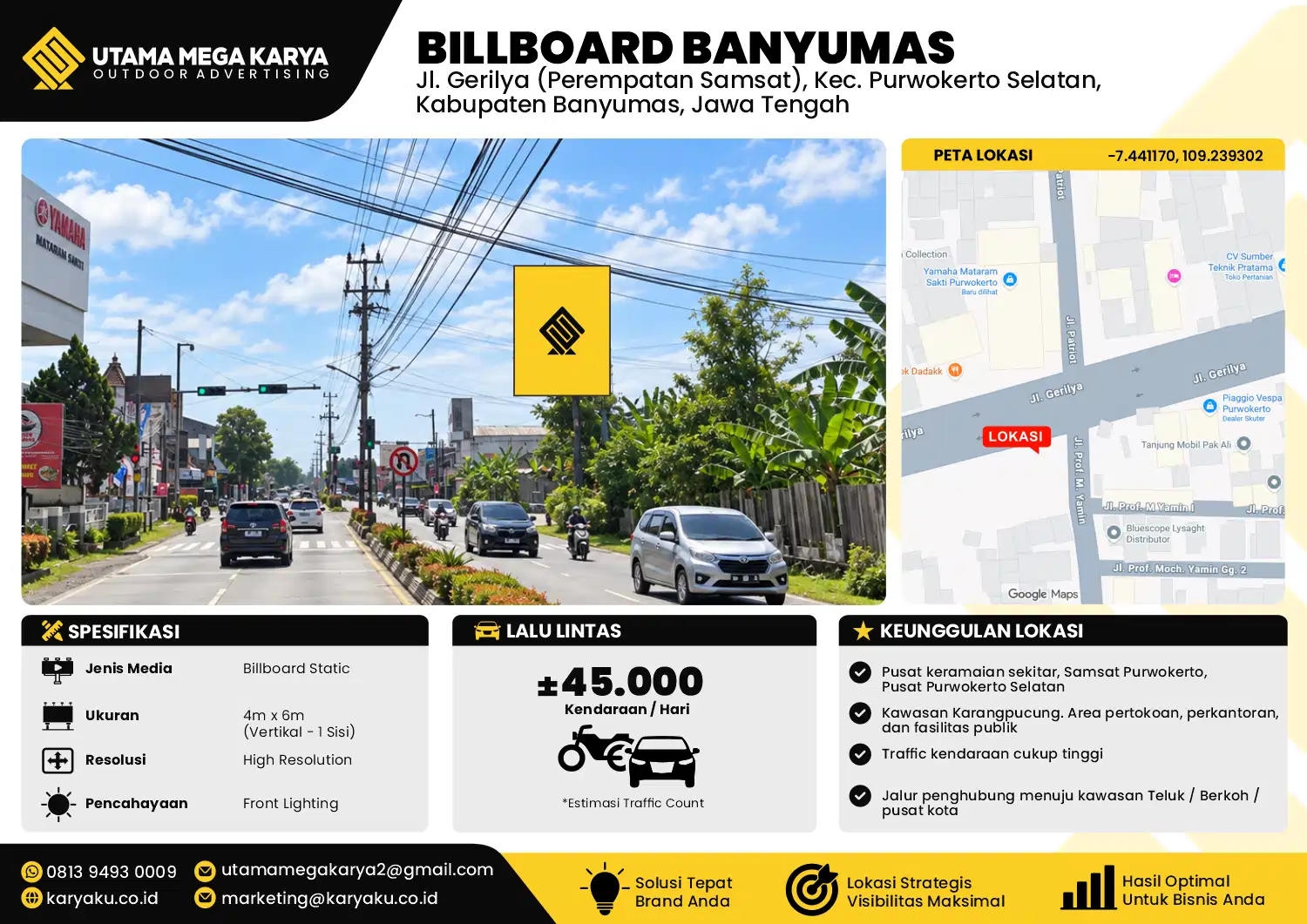 Sewa Titik Baliho dan Billboard di Jl. Gerilya (Perempatan Samsat) Kec. Purwokerto Selatan, Kabupaten Banyumas, Jawa Tengah