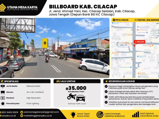 Sewa Titik Billboard di Jalan Jendral Ahmad Yani (depan bank BSI) Kec Cilacap Selatan Kab Cilacap