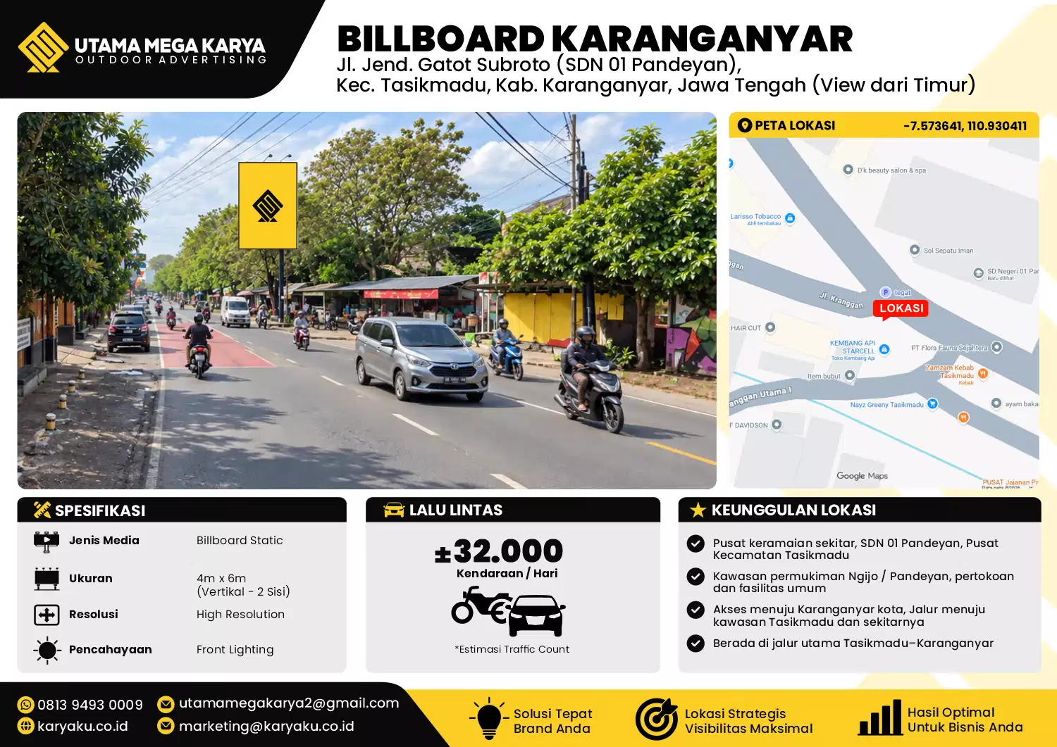Sewa Titik Baliho dan Billboard di Jl. Jend. Gatot Subroto (SDN 01 Pandeyan), Kec. Tasikmadu, Kab. Karanganyar, Jawa Tengah (View dari Timur)