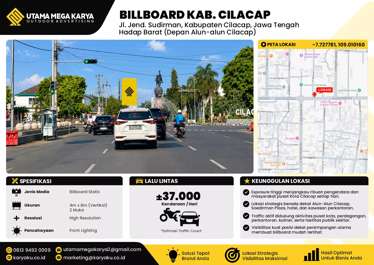 Sewa Titik Billboard di Jalan Jendral Sudirman (hadap barat depan alun alin) Kab Cilacap Jawa Tengah