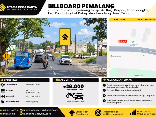 Sewa Titik Billboard di Jl. Jend. Sudirman (sebrang Masjid An Nur), Krajan I, Randudongkal, Kec. Randudongkal, Kabupaten Pemalang, Jawa Tengah