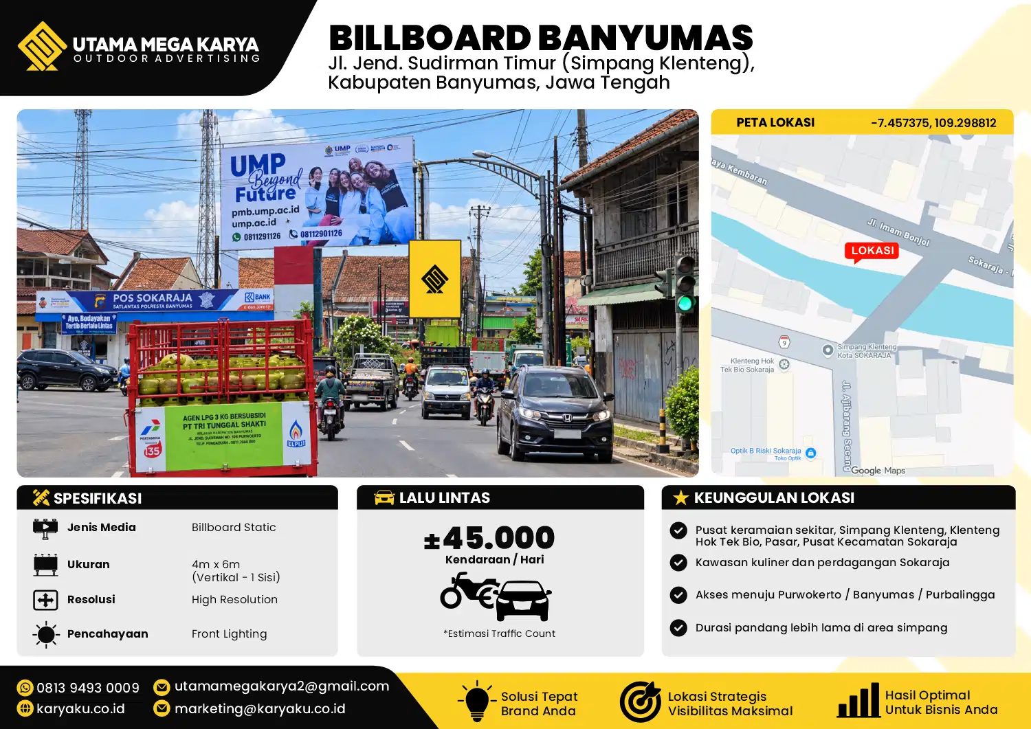 Sewa Titik Baliho dan Billboard di Jl. Jend. Sudirman Timur (Simpang Klenteng) Kec. Sokaraja, Kabupaten Banyumas, Jawa Tengah