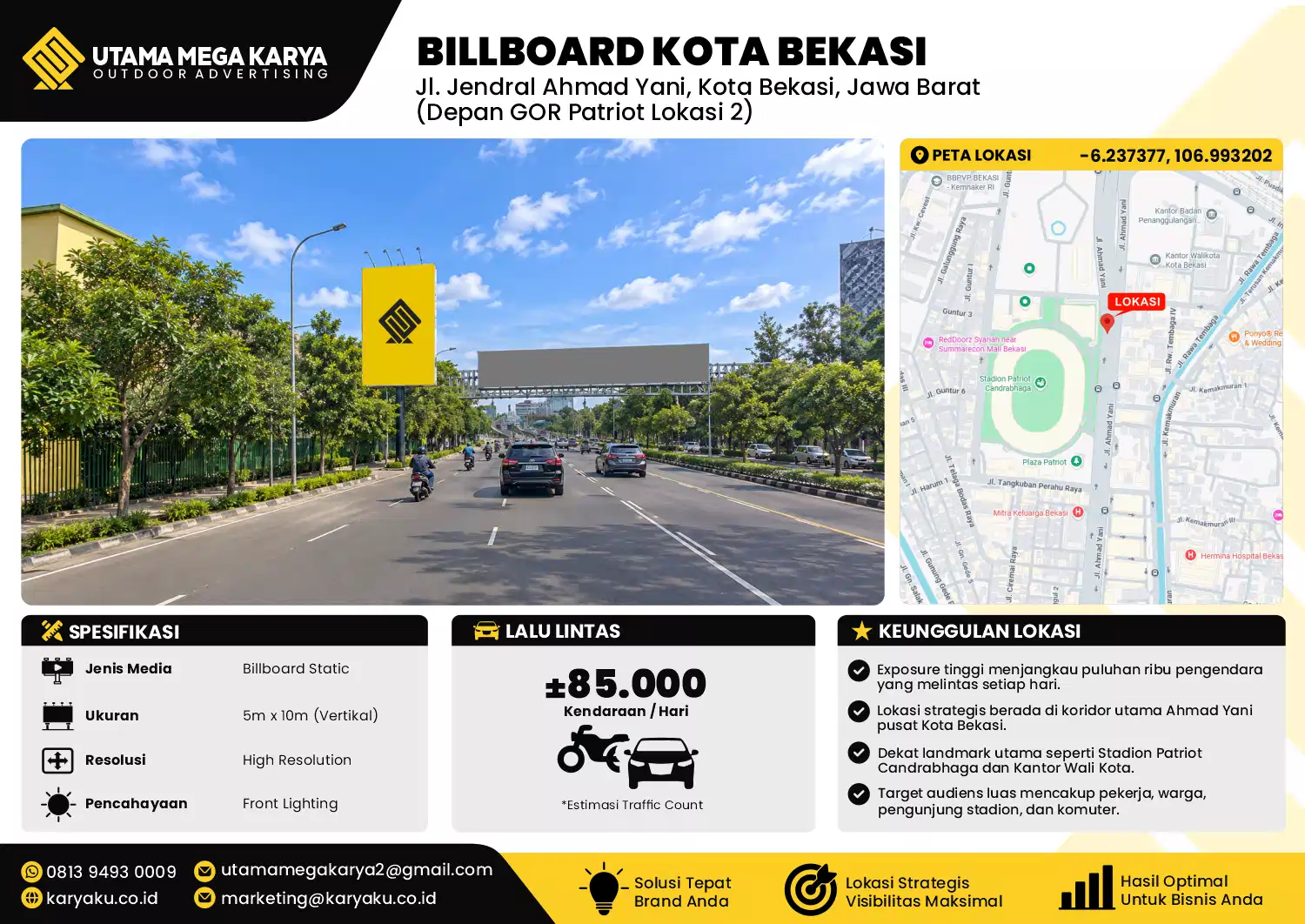 Sewa Titik Baliho dan Billboard di Jl. Jendral Ahmad Yani, Kota Bekasi, Jawa Barat (Depan GOR Patriot Lokasi 2)