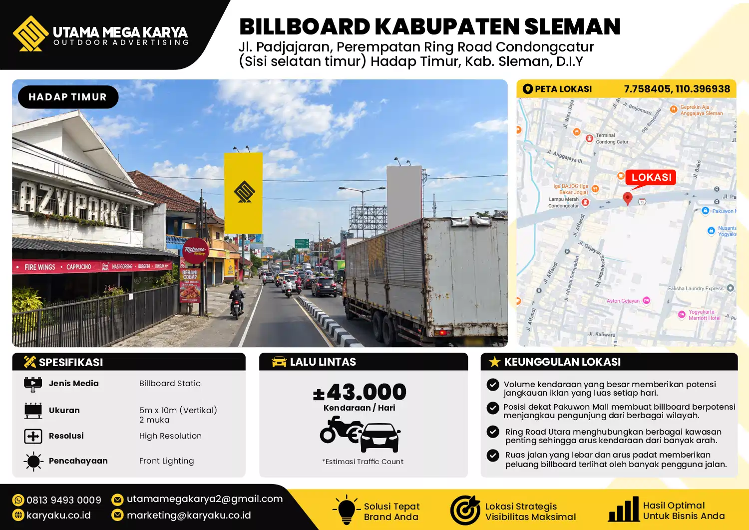 Sewa Titik Baliho dan Billboard di Jl. Padjajaran, Perempatan Ring Road Condongcatur (Sisi selatan timur) Hadap Timur, Kab. Sleman, D.I.Y