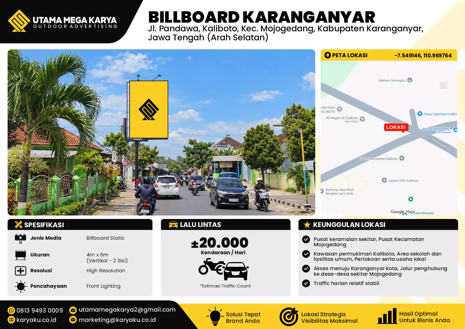 Sewa Titik Baliho dan Billboard di Jl. Pandawa, Kaliboto, Kec. Mojogedang, Kabupaten Karanganyar, Jawa Tengah (Arah Selatan)