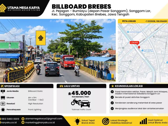 Sewa Titik Baliho dan Billboard di Jl. Pejagan - Bumiayu (depan Pasar Songgom), Songgom Lor, Kec. Songgom, Kabupaten Brebes, Jawa Tengah