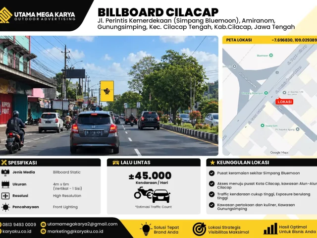 Sewa Titik Baliho dan Billboard di Jl. Perintis Kemerdekaan (Simpang Bluemoon), Amiranom, Gunungsimping, Kec. Cilacap Tengah, Kab.Cilacap, Jawa Tengah