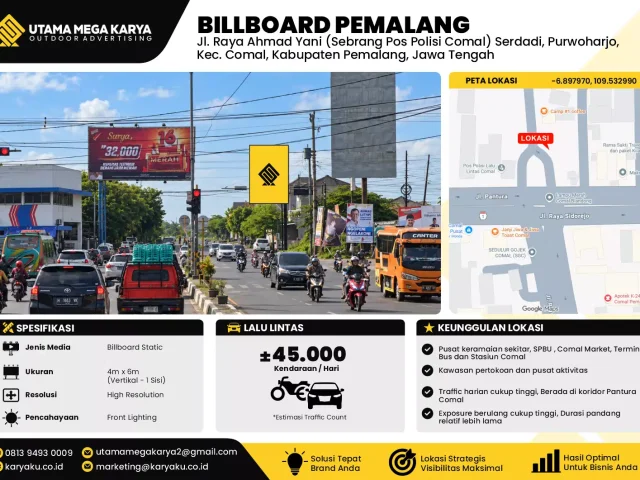 Sewa Titik Baliho dan Billboard di Jl. Raya Ahmad Yani (Sebrang Pos Polisi Comal) Serdadi, Purwoharjo, Kec. Comal, Kabupaten Pemalang, Jawa Tengah