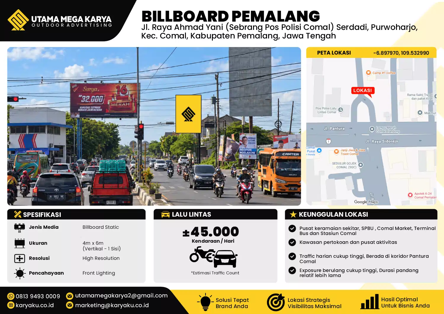 Sewa Titik Baliho dan Billboard di Jl. Raya Ahmad Yani (Sebrang Pos Polisi Comal) Serdadi, Purwoharjo, Kec. Comal, Kabupaten Pemalang, Jawa Tengah
