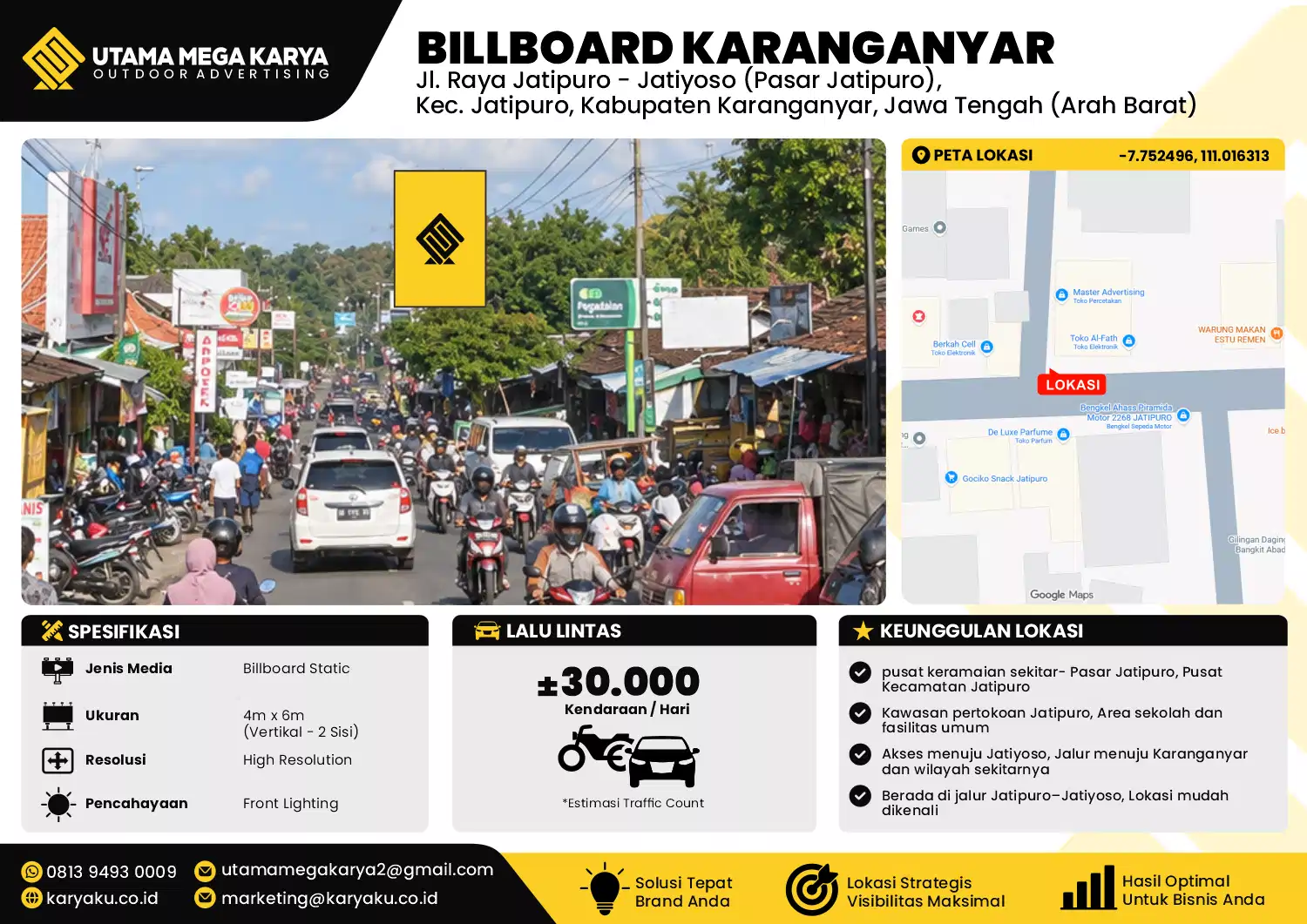 Sewa Titik Baliho dan Billboard di Jl. Raya Jatipuro - Jatiyoso (Pasar Jatipuro) Kec. Jatipuro, Kabupaten Karanganyar, Jawa Tengah (Arah Barat)