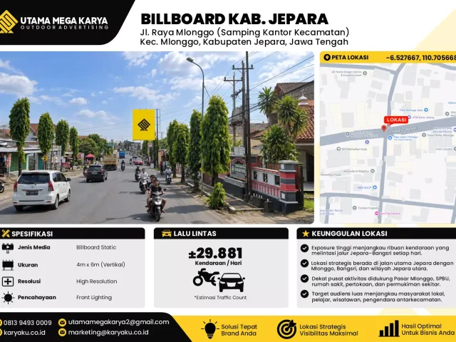 Sewa Titik Billboard di Jl. Raya Mlonggo (Samping Kantor Kecamatan) Kec. Mlonggo, Kabupaten Jepara, Jawa Tengah