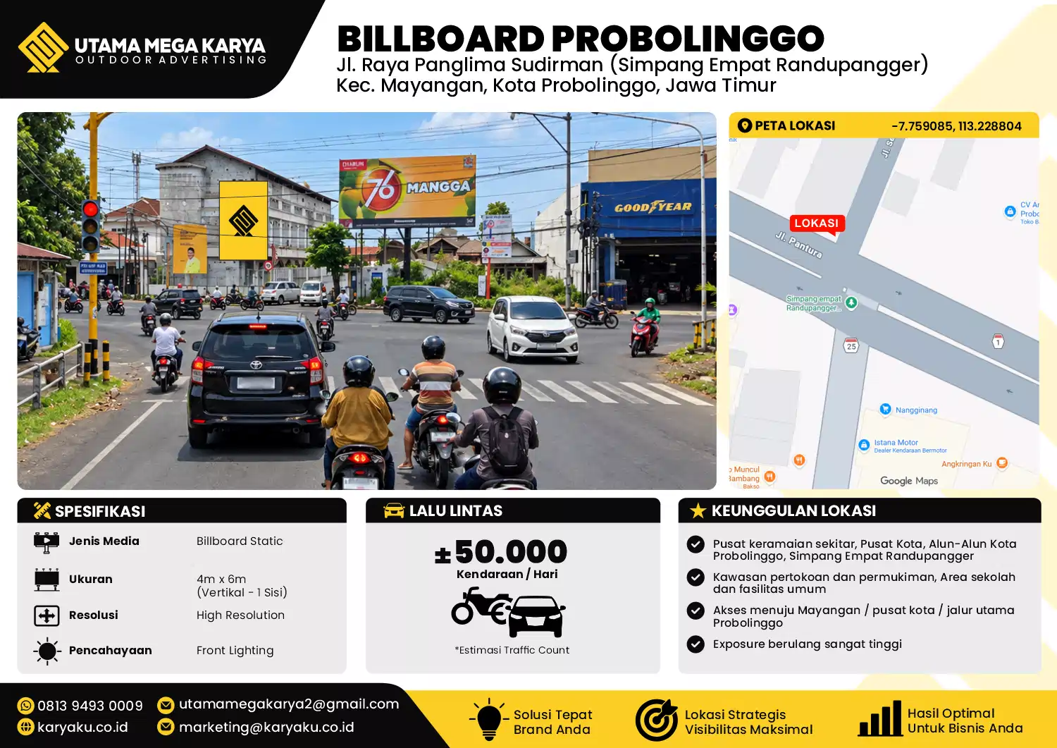 Sewa Titik Billboard di Jalan Raya Panglima Sudirman (simpang empat randupangger) Kec Mayangan Kota Probolinggo Jawa Timur