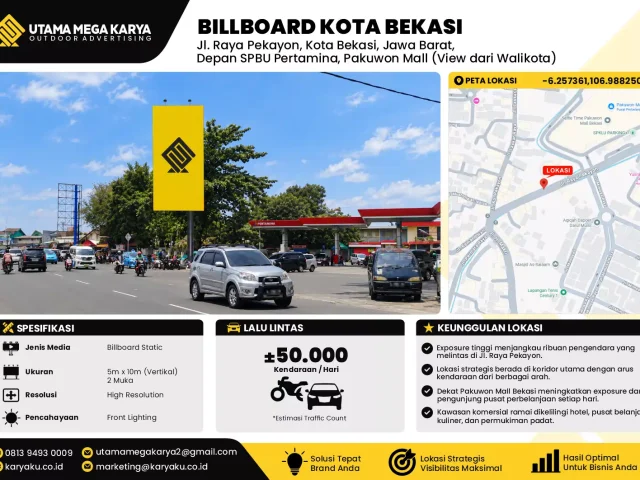 Sewa Titik Baliho dan Billboard di Jl. Raya Pekayon, Kota Bekasi, Jawa Barat, Depan SPBU Pertamina, Pakuwon Mall (View dari Walikota)