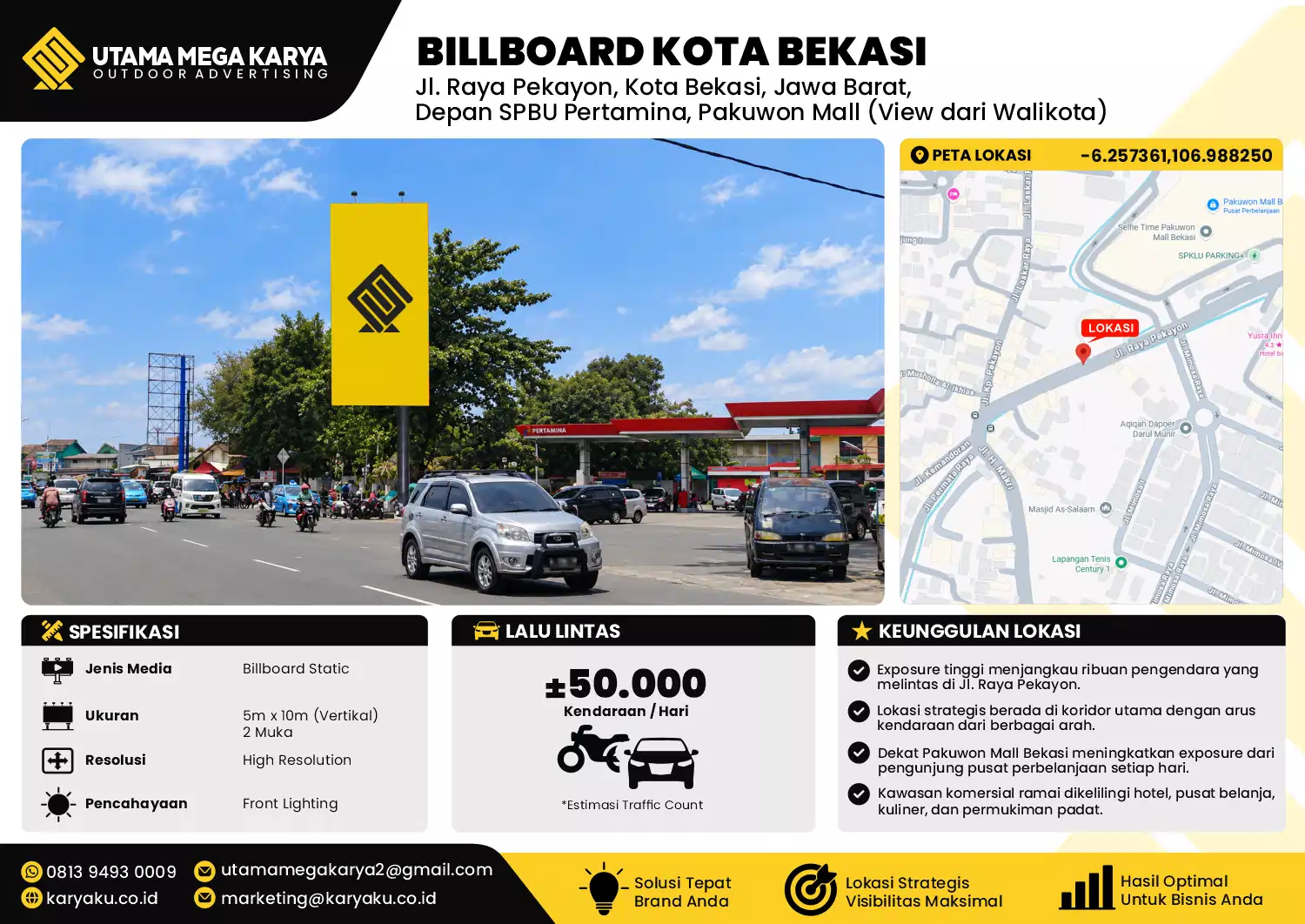 Sewa Titik Baliho dan Billboard di Jl. Raya Pekayon, Kota Bekasi, Jawa Barat, Depan SPBU Pertamina, Pakuwon Mall (View dari Walikota)