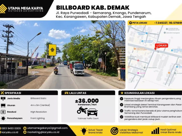 Sewa Titik Billboard di Jl. Raya Purwodadi - Semarang, Knongo, Pundenarum, Kec. Karangawen, Kabupaten Demak, Jawa Tengah