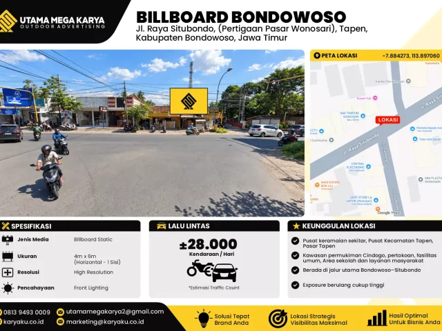 Sewa Titik Billboard di Jalan Raya Situbondo (pertigaan pasar wonosari tapen) Kab Bondowoso Jawa Timur