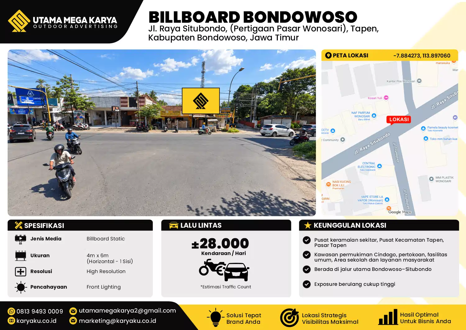 Sewa Titik Billboard di Jalan Raya Situbondo (pertigaan pasar wonosari tapen) Kab Bondowoso Jawa Timur