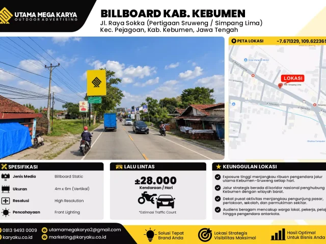 Sewa Titik Billboard di Jalan Raya Sokka (pertigaan sruweng simpang lima) Kecamatan Pejagon Kabupaten Kebumen