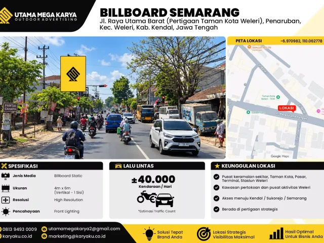 Sewa Titik Baliho dan Billboard di Jl. Raya Utama Barat (Pertigaan Taman Kota Weleri), Penaruban, Kec. Weleri, Kab. Kendal, Jawa Tengah