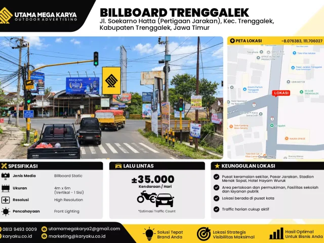 Sewa Titik Baliho dan Billboard di Jl. Soekarno Hatta (Pertigaan Jarakan), Kec. Trenggalek, Kabupaten Trenggalek, Jawa Timur