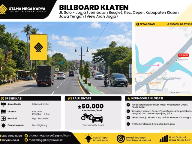 Sewa Titik Baliho dan Billboard di Jl. Solo - Jogja (Jembatan Besole), Kec. Ceper, Kabupaten Klaten, Jawa Tengah (View Arah Jogja)
