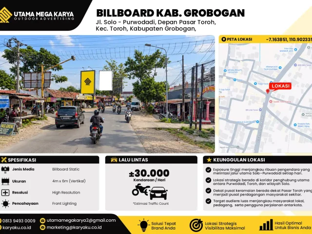 Sewa Titik Billboard di Jl. Solo - Purwodadi, Depan Pasar Toroh, Kec. Toroh, Kabupaten Grobogan, Jawa Tengah