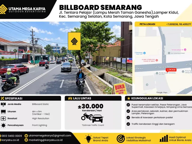 Sewa Titik Baliho dan Billboard di Jl. Tentara Pelajar (Lampu Merah Taman Ganesha),Lamper Kidul, Kec. Semarang Selatan, Kota Semarang, Jawa Tengah