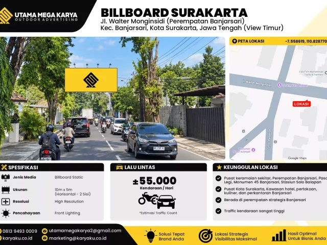 Sewa Titik Baliho dan Billboard di Jl. Walter Monginsidi (Perempatan Banjarsari) Kec. Banjarsari, Kota Surakarta, Jawa Tengah (View Timur)