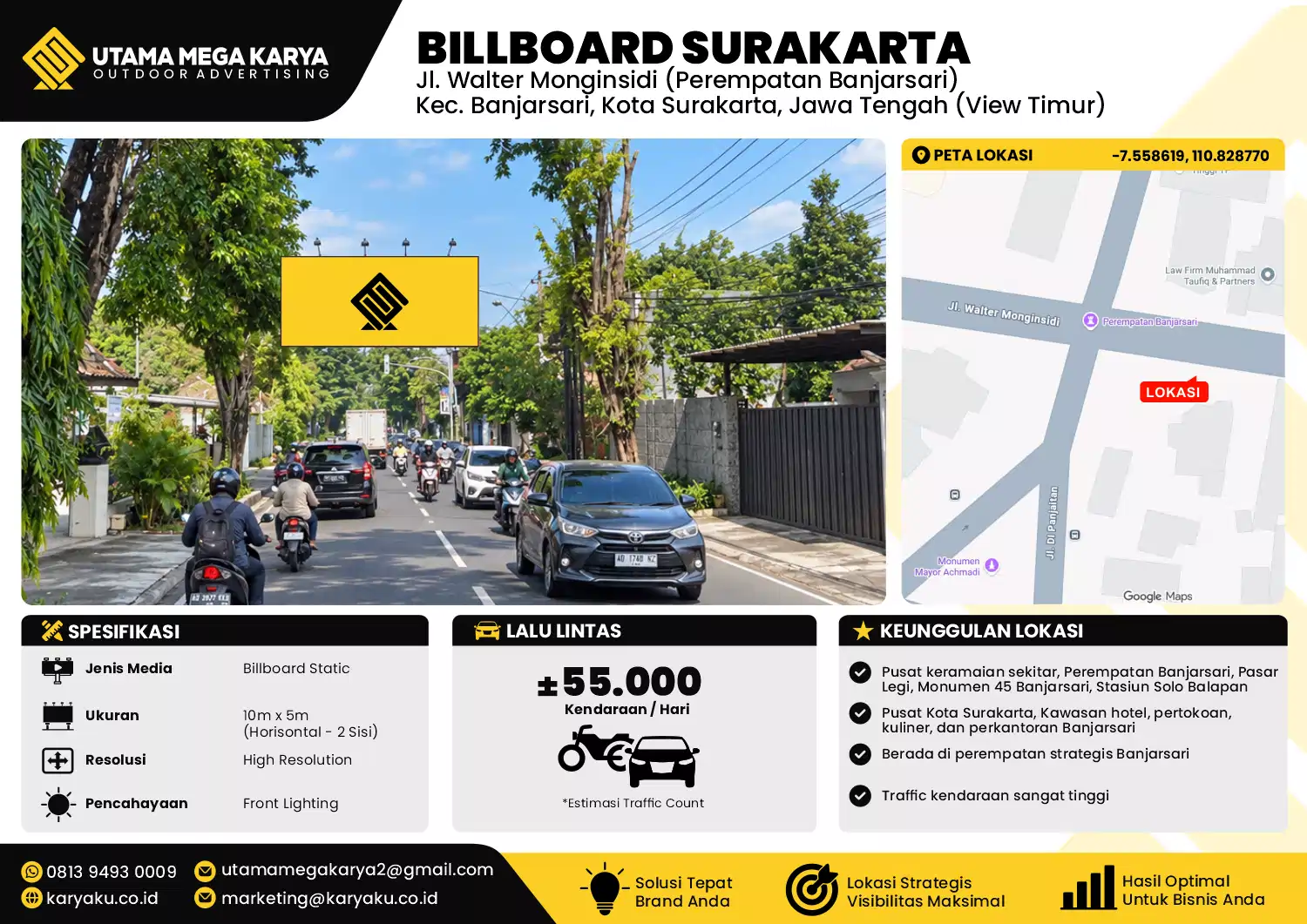 Sewa Titik Baliho dan Billboard di Jl. Walter Monginsidi (Perempatan Banjarsari) Kec. Banjarsari, Kota Surakarta, Jawa Tengah (View Timur)