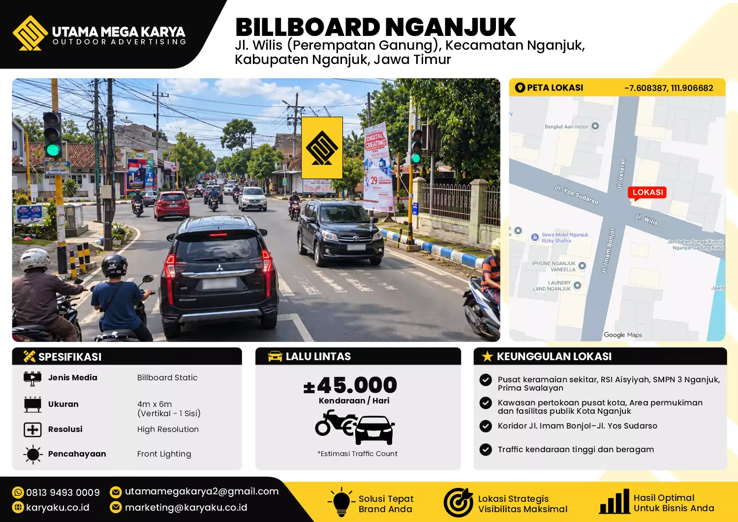Sewa Titik Baliho dan Billboard di Jl. Wilis (Perempatan Ganung), Kecamatan Nganjuk, Kabupaten Nganjuk, Jawa Timur