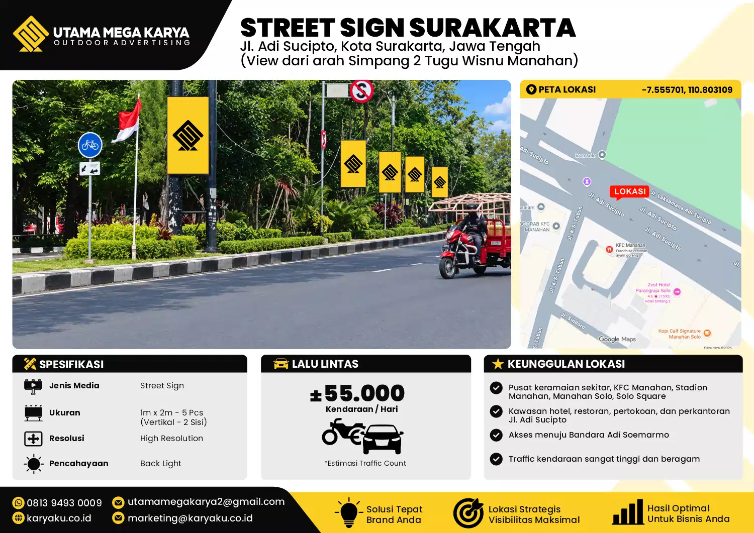 Sewa Titik Street Sign di Jl. Adi Sucipto, Kota Surakarta, Jawa Tengah (View dari arah Simpang 2 Tugu Wisnu Manahan)