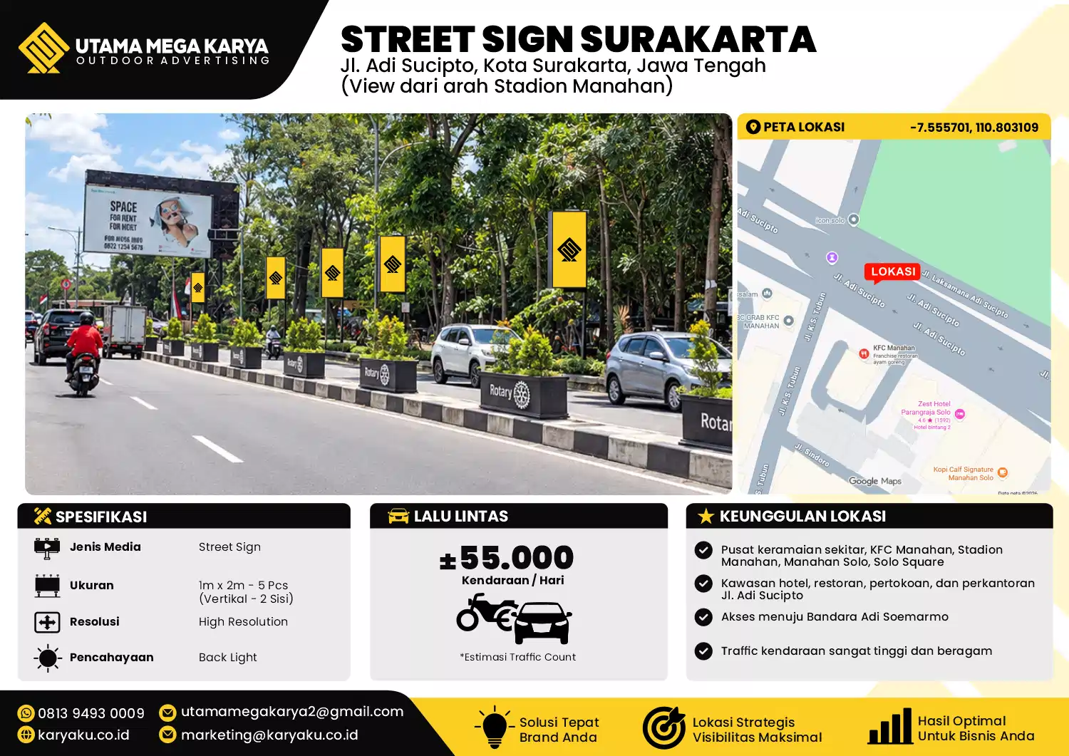 Sewa Titik Street Sign di Jl. Adi Sucipto, Kota Surakarta, Jawa Tengah (View dari arah Stadion Manahan)